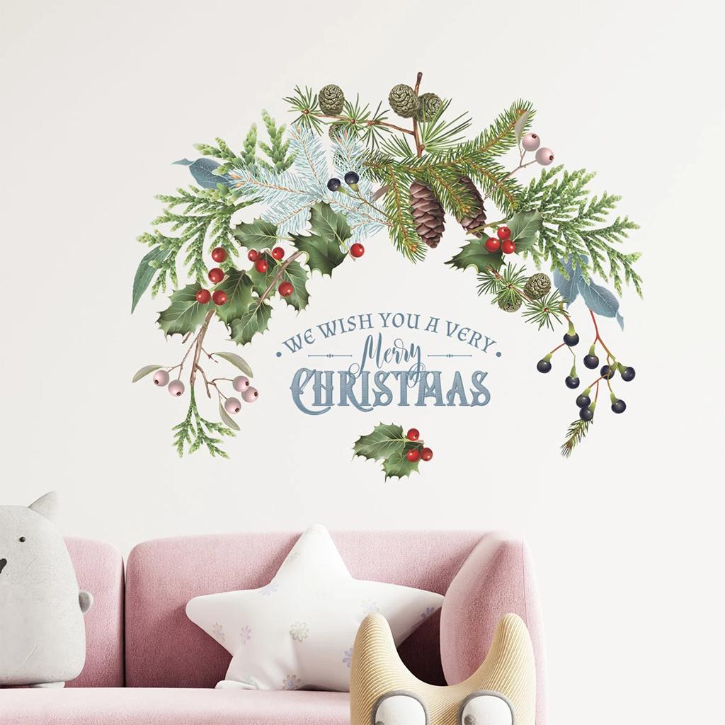 Merry Christmas Wall Stickers Pine Cones Branches Berries Green Plants Window Clings Glass Door Mural Posters Xmas Decor