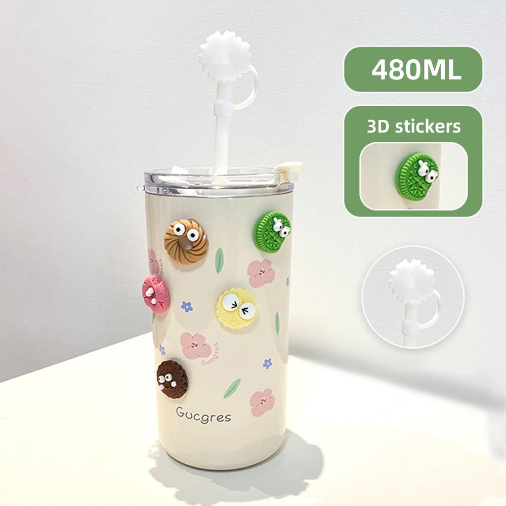 316 Stainless Steel Thermos Bottle For Girls Double Layer Thermal Coffee Cup With Straw Cherry Blossom Drinking Cup Travel Mugs