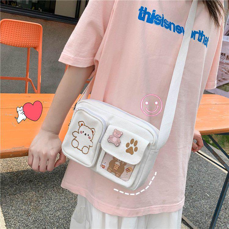 Japanese Soft Girl Canvas Crossbody Bag with Embroidered Bear - Vintage Style Student Bag