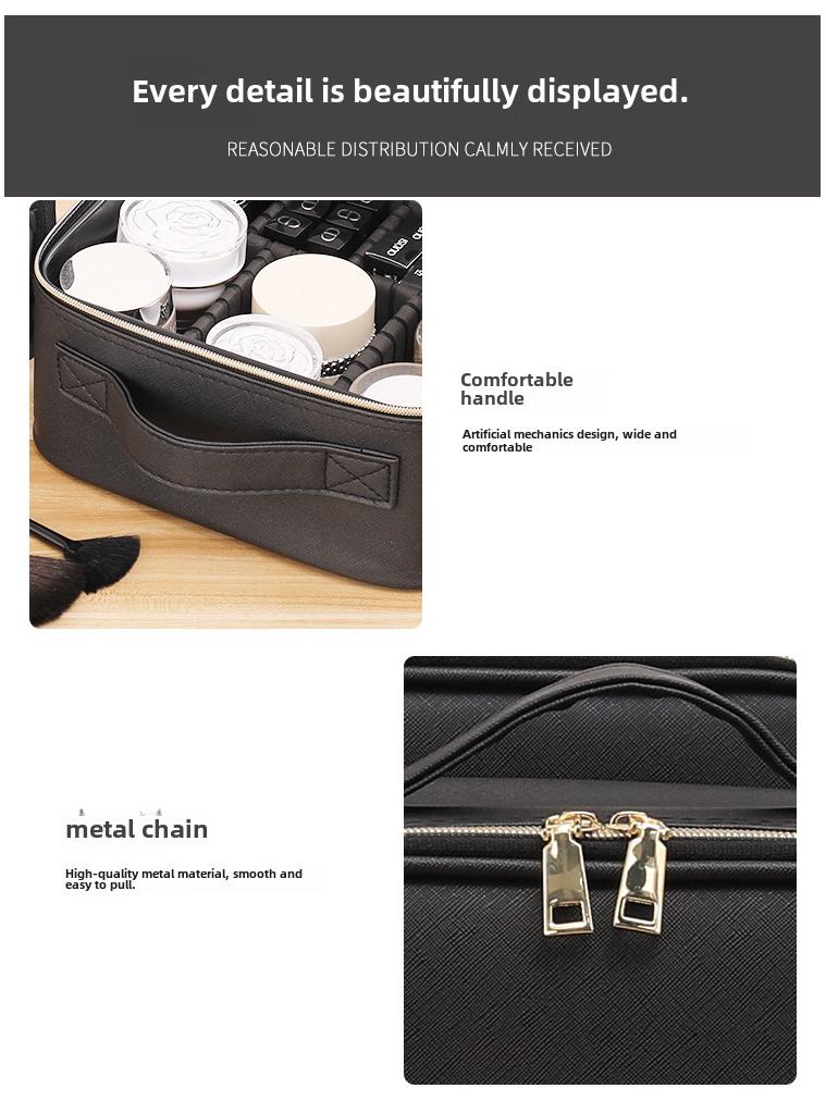 Black Heightened Cosmetic Bag with Mirror - Large Capacity Portable Handheld Storage Box