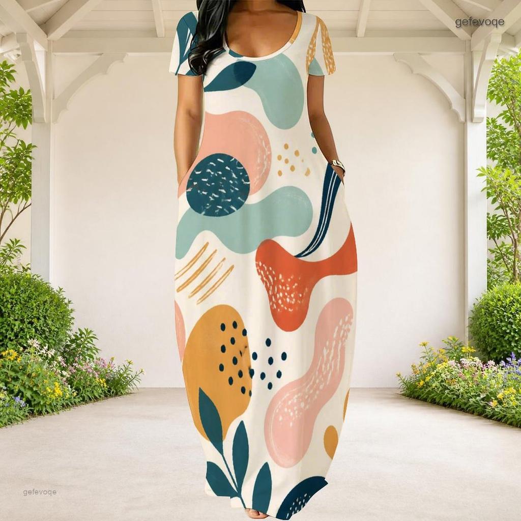 Women Plus Size Round Neck Short Sleeve Abstract Printed Loose Maxi Dress With Side Pockets