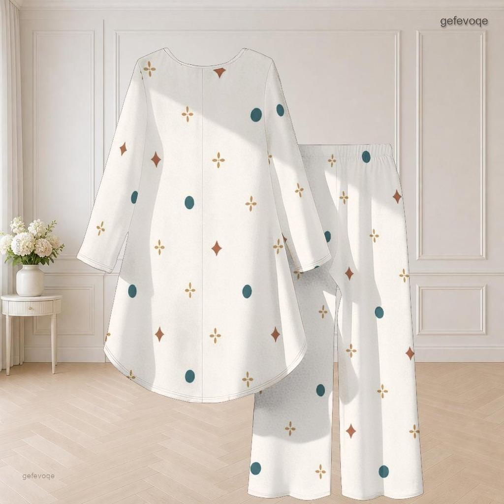 Women Plus Size Navy Blue Printed Round Neck Long Sleeve High Low Top Wide Leg Pants Two Piece Set