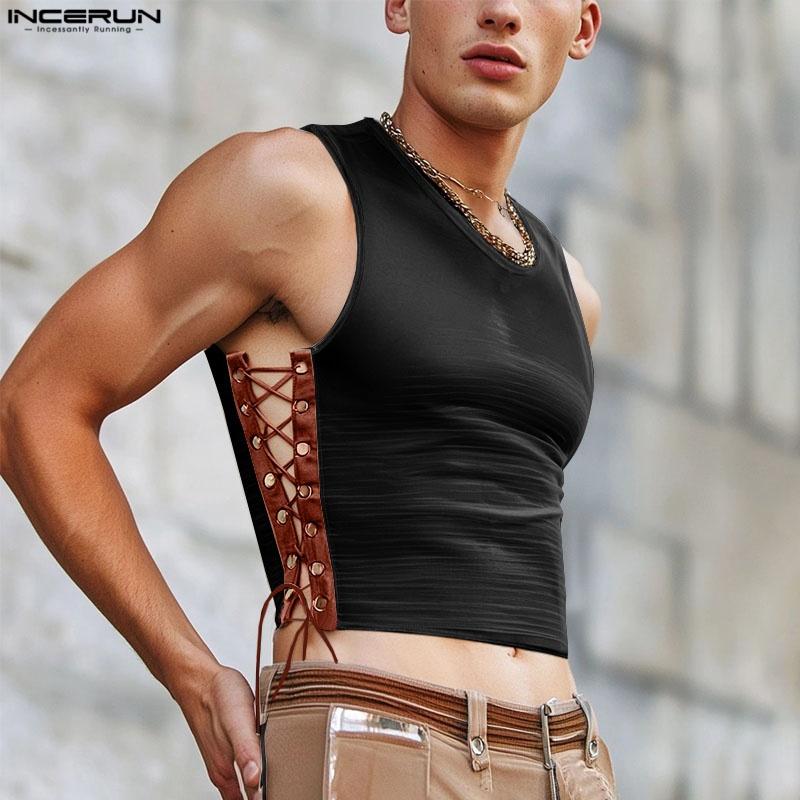INCERUN Mens Sleeveless Side Bandage Mesh Sheer Cropped Tank Tops Partywear Clubwear 4XL
