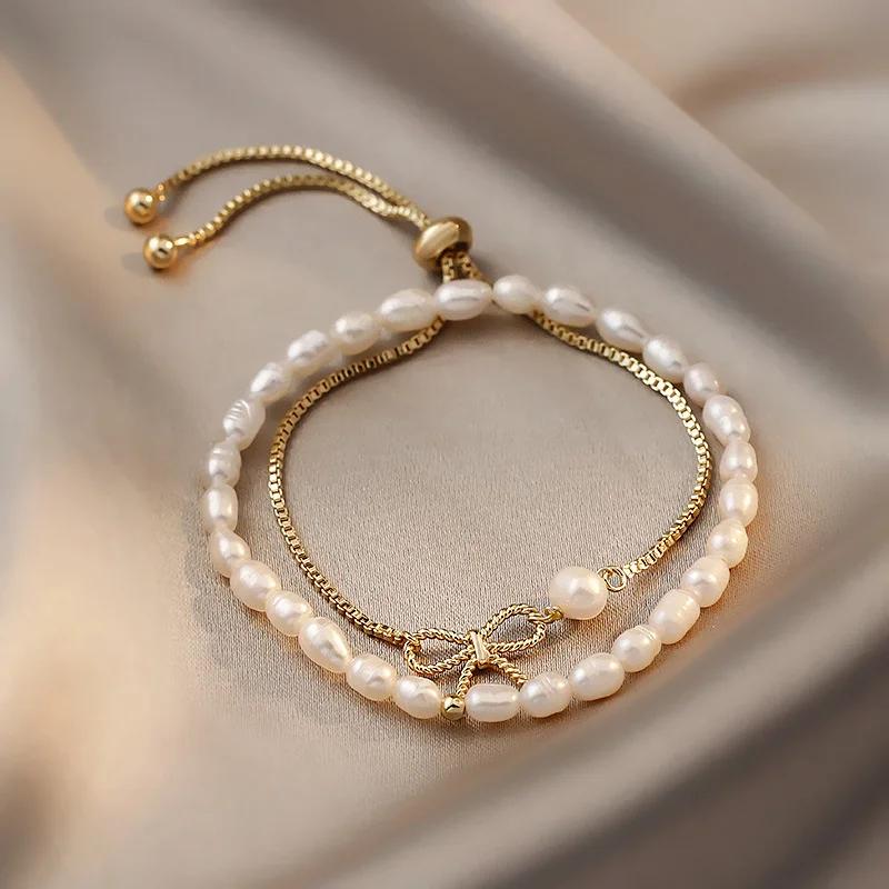 Ladies Fashion Simple Personality Freshwater Pearl Two-piece Bracelet Chain Temperament Adjustable Bracelet
