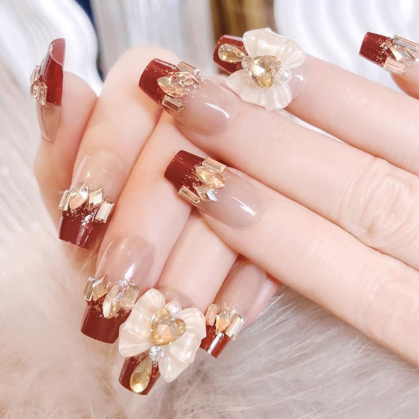 New Year s Nail Art Wear Nail Ins Premium Pure Wind Nail Patch Finished Product Wear Nail Flash Diamond Bow U23