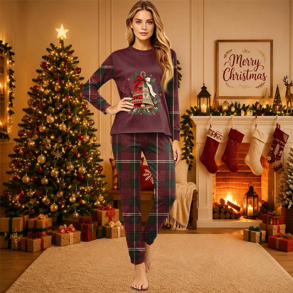 Christmas-print long-sleeve and long-pant matching family loungewear set