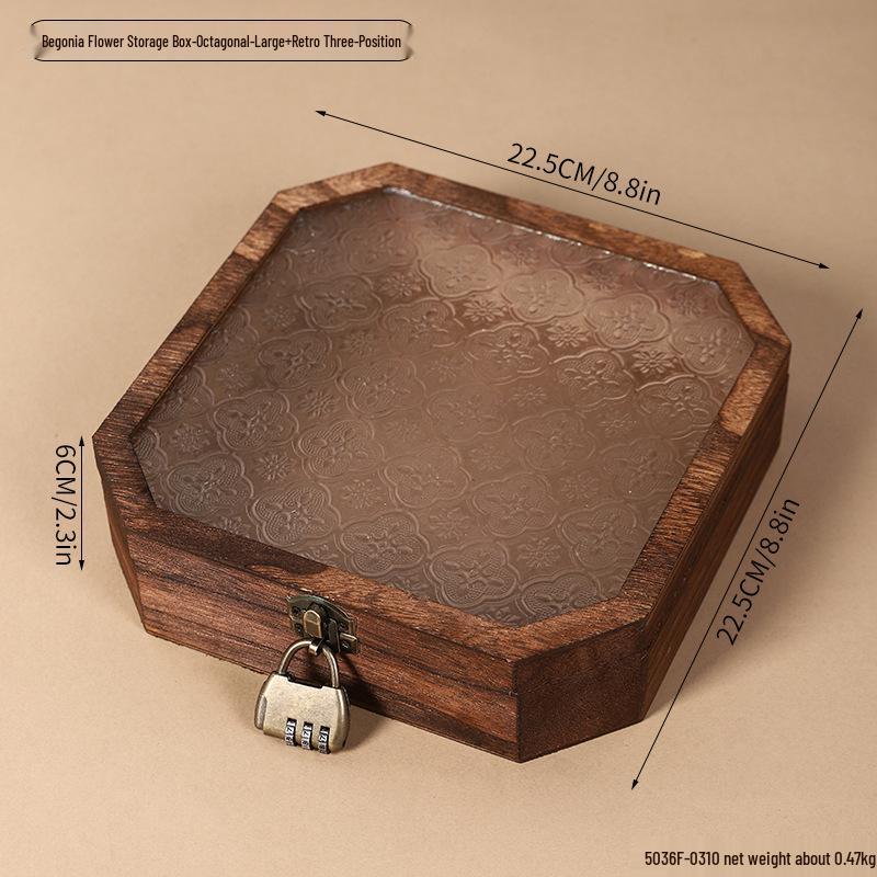 Retro Begonia Glass Lid Wooden Storage Box for Cosmetics, Snacks, Candy, and Documents - Dustproof and Multifunctional