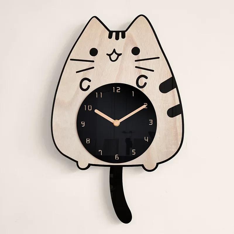 

3D Wooden Cartoon Cats Wall Clock Home Decoration Children Room Decor Wagging Tail Creative Quiet Quartz Digital Swinging P4P5I0