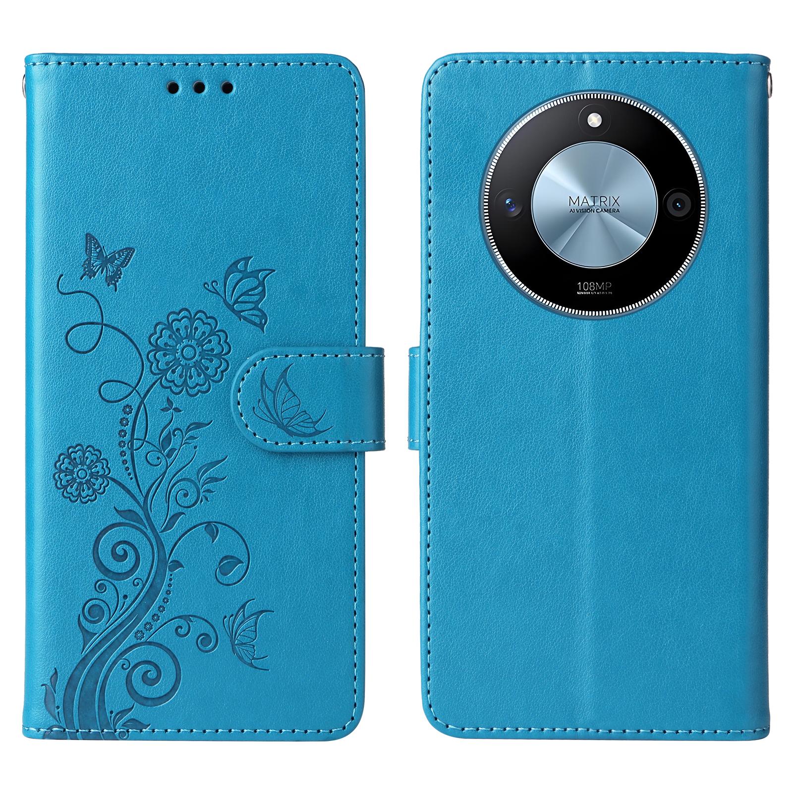 

For Honor X60 5G Leather Case Butterfly Floral Imprint Wallet Stand Cover Blue