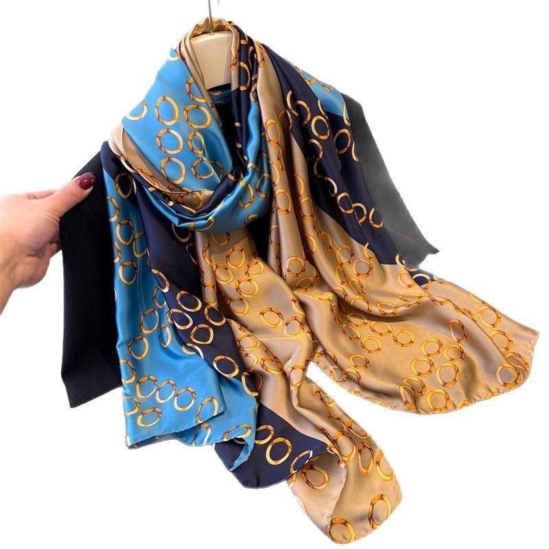 New Printed Imitation Silk Brocade Fashion Sunscreen Magic Chain Silk Scarf Long Scarf Shawl Versatile Headscarf Scarf