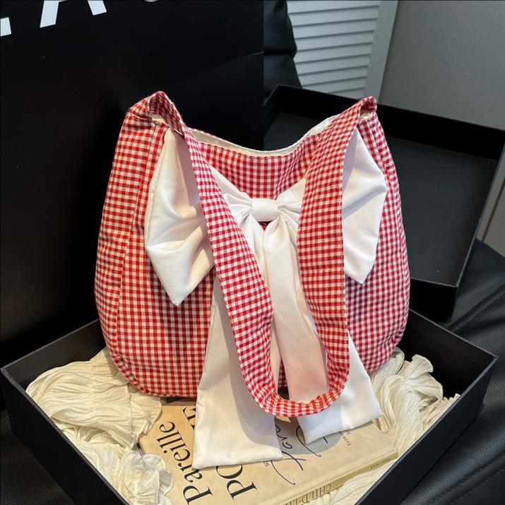 Neue dreidimensionale Schleife Karomuster Umhängetasche Damen Freizeit Große Kapazität Canvas Pendlertasche