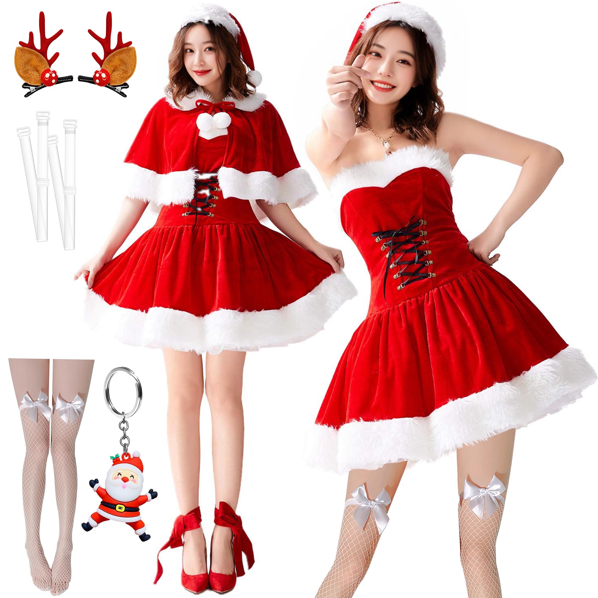 

COZENRE Cute Santa Set Transparent Shoulder Fishnet and Hair Christmas Santa Plus Perfect for New and Cultural Festivals Women s Costume, 7-Piece