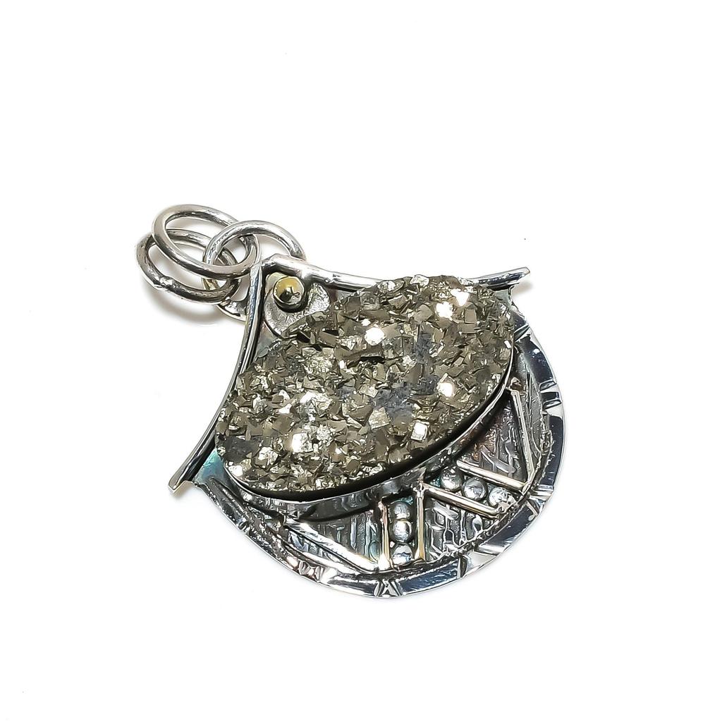 Pyrite Druzy Gemstone Handmade 925 Sterling Silver Pendant, Antique Natural Pyrite Druzy Pendant, Women's Jewelry, Unisex Pendant For Her