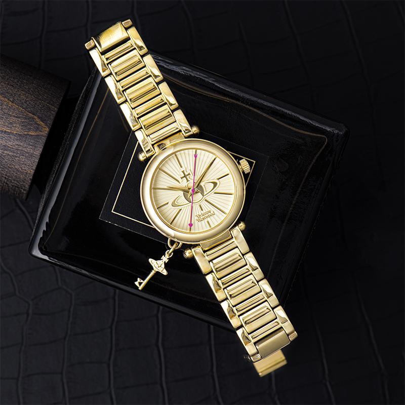 Vivienne Westwood Quartz Watch Stainless Steel Band Gold Dial 50 Meters Water Resistant Women watches Silver VV006KGD