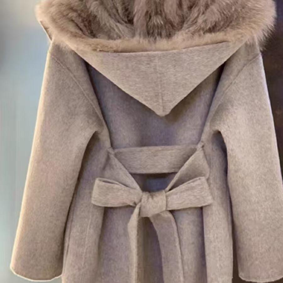 Pink Hooded Coat Women's Autumn Winter Woolen Coat Fur Coat Fragrant Wind High end Lightweight Short Neck