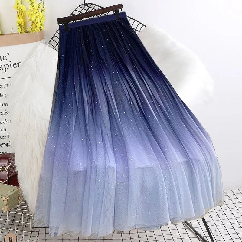 Blå Stjerneklar Himmel Gradient Mesh Mellomlangt Skjørt Dame Elastisk Midje Plissert Skjørt Fantasy Eventyr Vår og Sommer