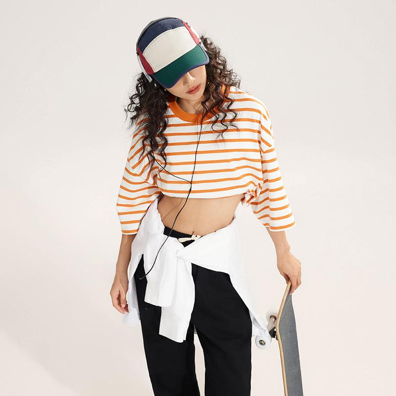 Li-Ning Weekend Youth Striped Crew Neck Casual Loose Short Sleeve Comfortable Soft T-Shirt Unisex Tops Off-White Burnt-Orange AHSU659-1