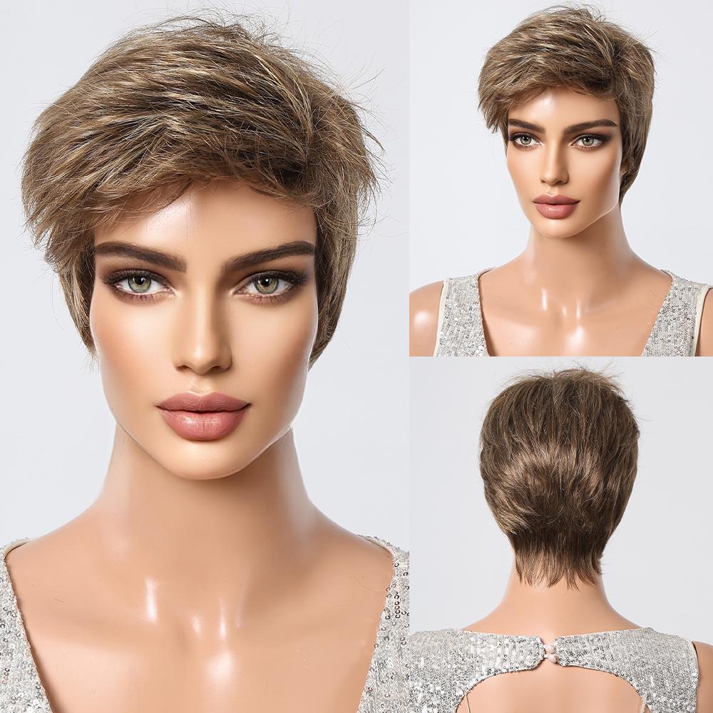 

ALAN EATON Короткий коричневый парик с стрижкой пикси для женщин, натуральный многослойный парик с боковой частью, термостойкие синтетические волосы для ежедневного использования