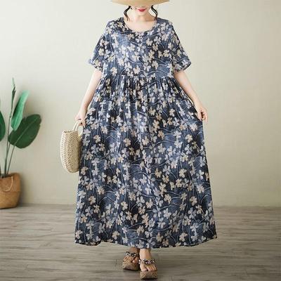 Short Sleeve Plus Size Cotton Vintage Floral New In Dresses for Women Casual Loose Maxi Long Summer Dress