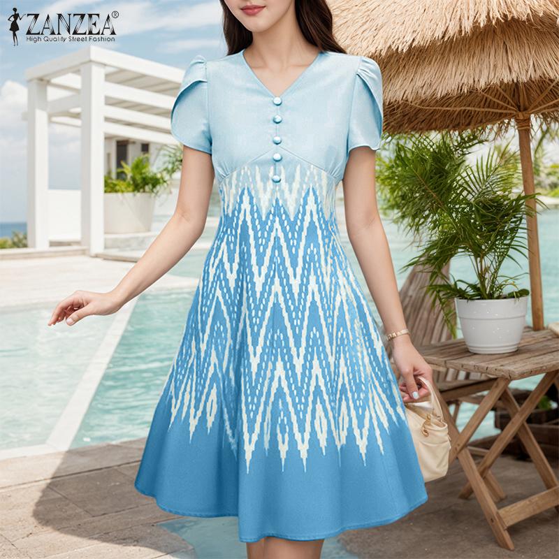 ZANZEA Women Casual V-Neck Summer Short Sleeve Print Dress