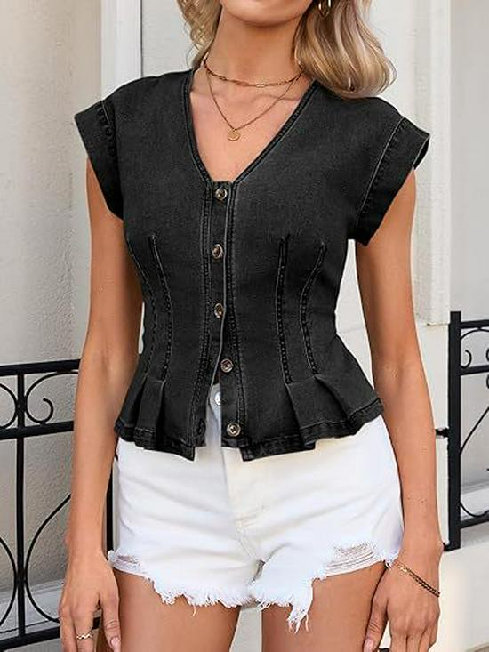Women's V-neck Button-up Slim Fit Pleated Denim Vest Top