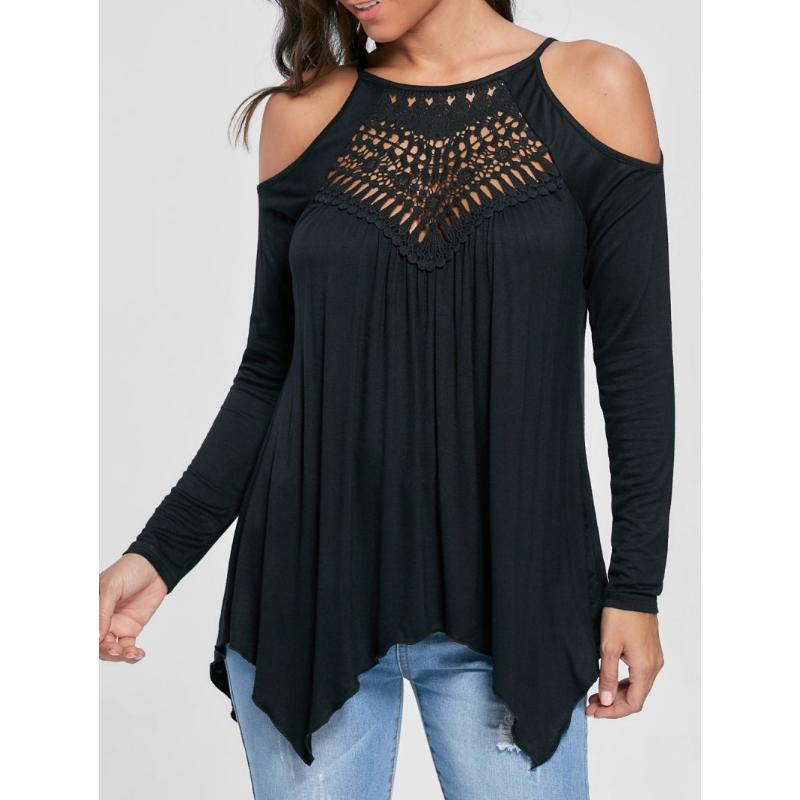 

Весенне-осенняя женская блузка с кружевной строчкой без бретелек, футболка с длинными рукавами, повседневные топы XXXL чёрный