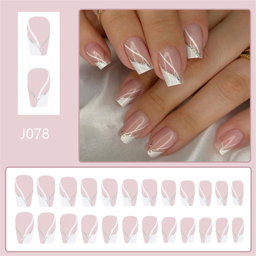 24 Stück Kurze Quadratische Aufdrücknägel Glänzende Acryl-Falschnägel French Tip Aufklebenagel Maniküre für Frauen und Mädchen