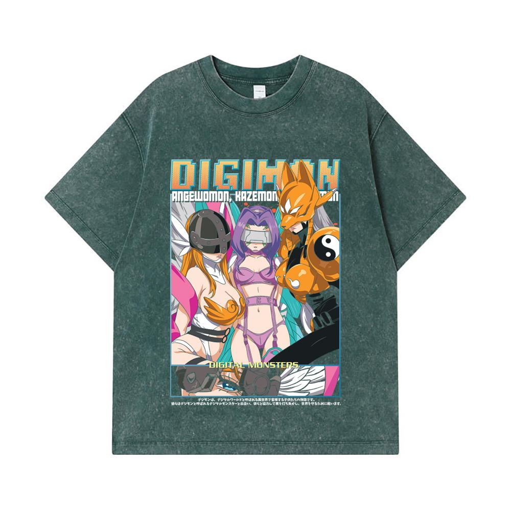 275 GSM Washed T-shirts 100% Cotton Digimon V6 Waifus Print Unisex Heavy Cotton T Shirt