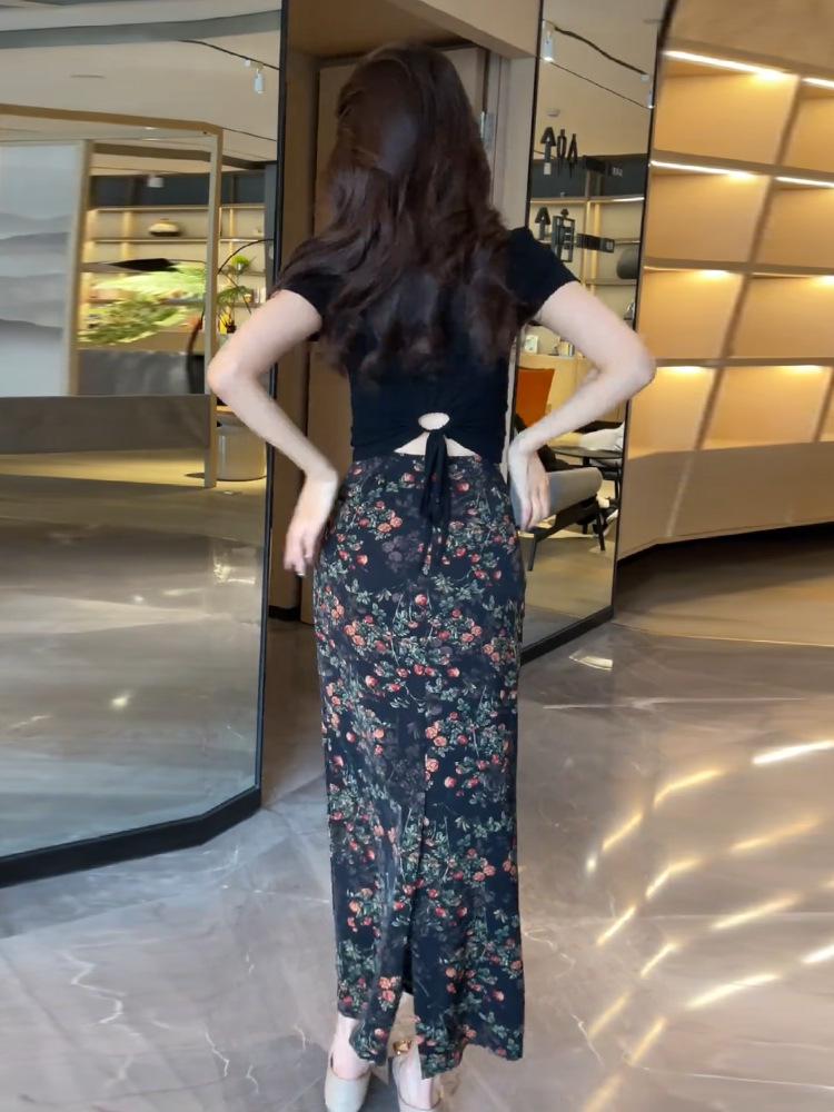 Fustă Midi Florală Retro pentru Femei: Calitate înaltă, Lux ușor, Talie înaltă subțiatoare, Design bodycon de vară cu șliț.