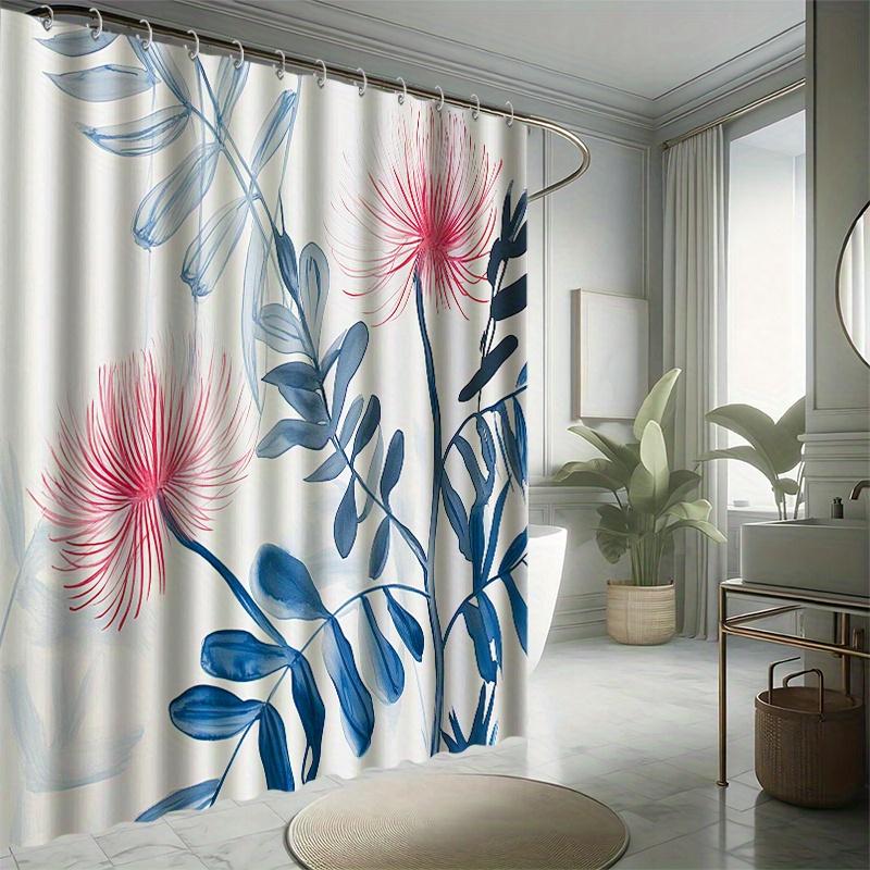 Simple Flower and Grass Shower Curtain Set, Blue Leaves & Red Flowers, Beautiful Art, Bathtub Partition, Modern Bathroom Decor