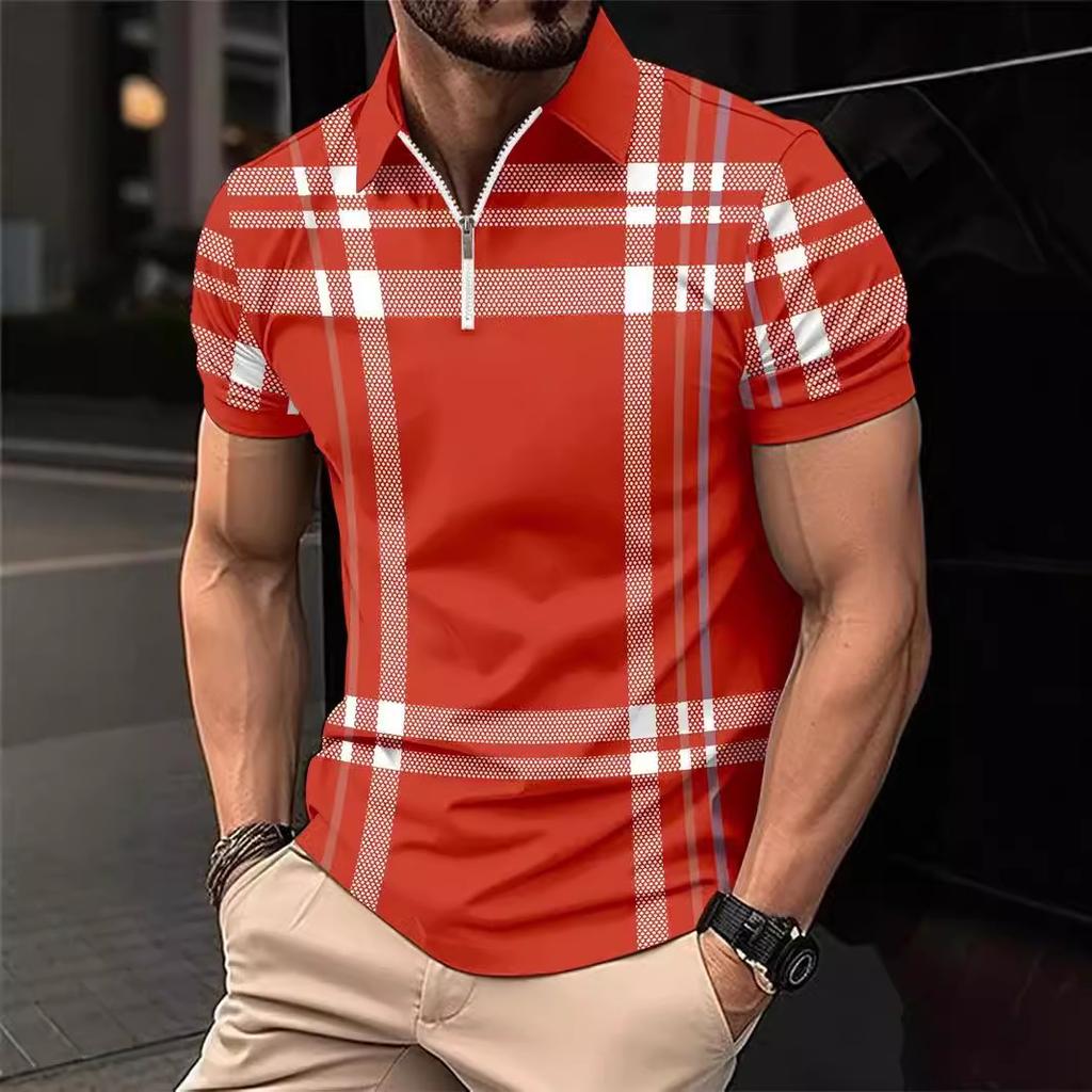 Plaid 3D Printed Short-Sleeved Top Men'S Casual Lapel Polo Shirt