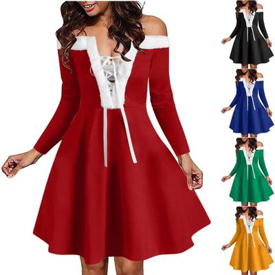 Christmas Women's Vintage Solid Color Long Sleeve Furry Dress Festive Party Costume  Cocktail Dress