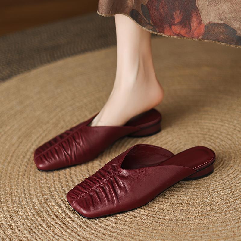 Fashion Muller Slippers Women Pumps Square Toe Genuine Leather Slippers Spring Summer Concise Casual Working Shoes Woman Ladies Shoes