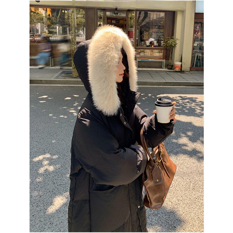 Chinesischer Knoten, neuer Stil, Wollkragen, Daunen-Baumwollmantel für Damen im Winter, mittellanger und langer, lockerer, kniehoher Baumwollmantel