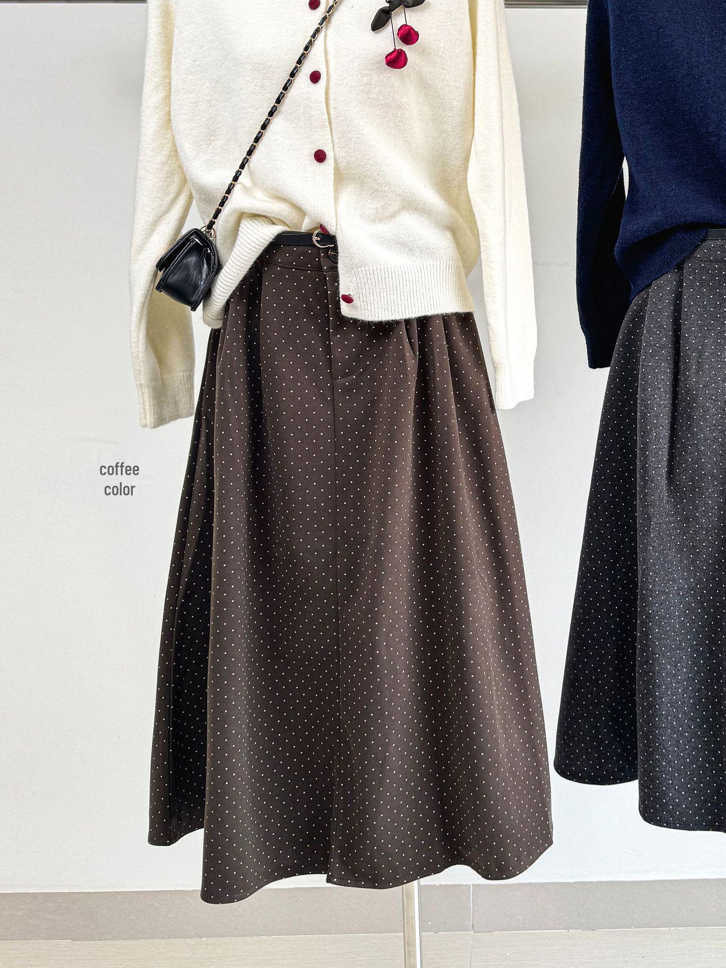 

Melanoid Coffee Retro Polka Dot A-line Skirt - Thickened, Mid-length for Autumn/Winter One Size