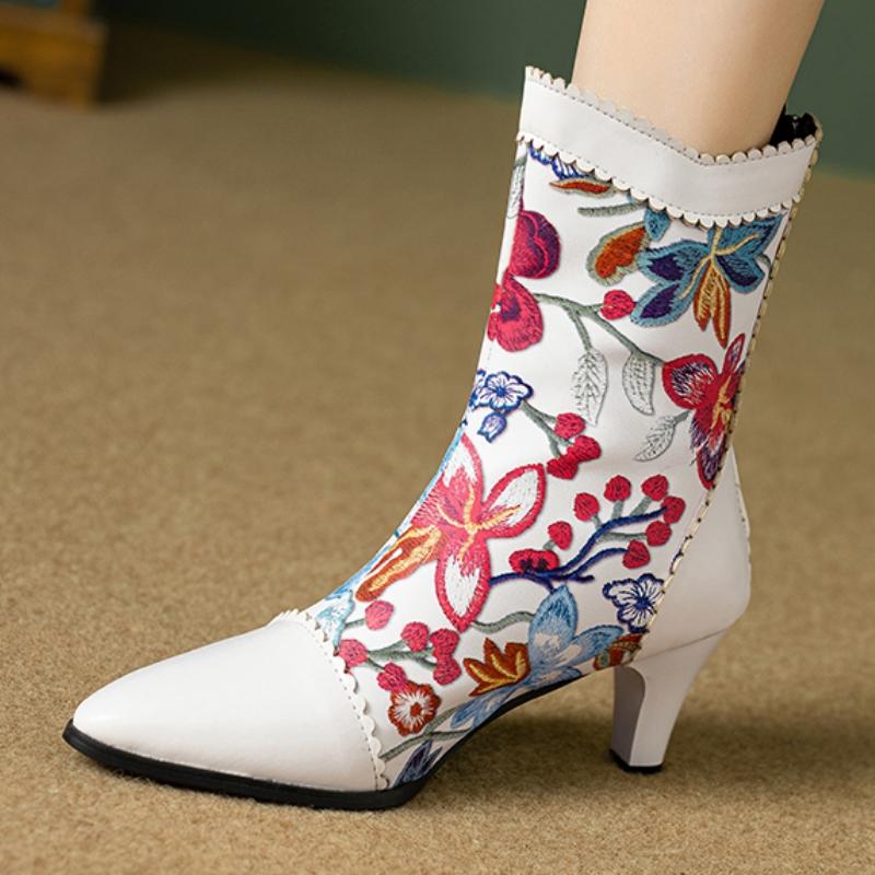 Autumn Spring Mid-calf Boots Women 2025 Fashion Flower White Black Short Boot Ladies Elegant Heels Point Party Shoes for Girls