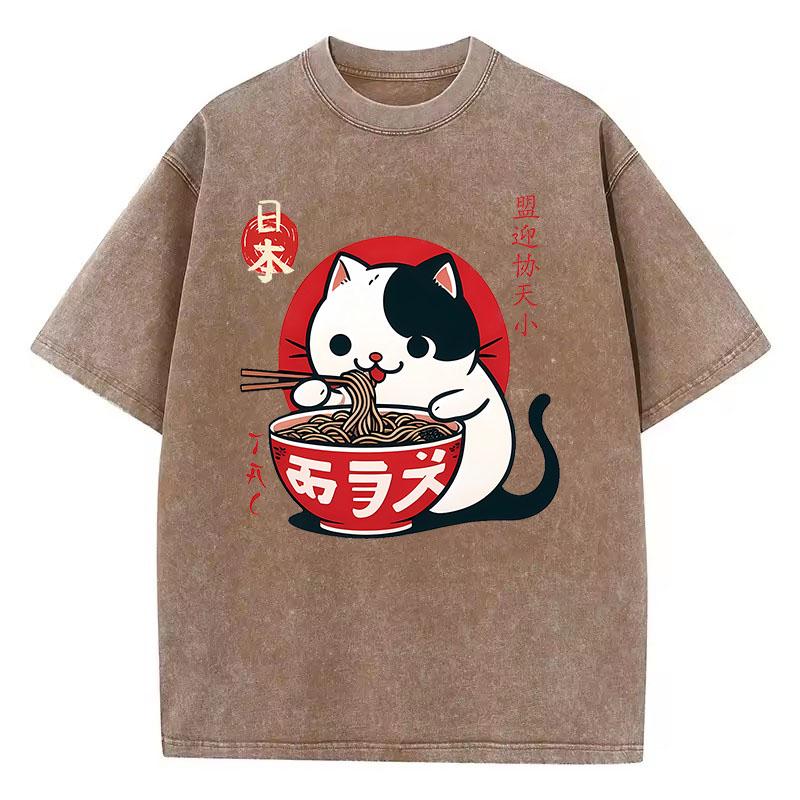 Harajuku Washed T Shirt Cotton T-Shirt Japanese Cat Eat Ramen Funny Graphic Tee Casual Streetwear Spring Summer
