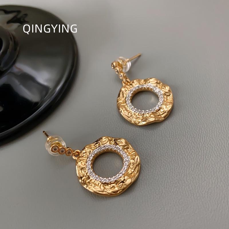 Geometric Circle Color Block Rhinestone Stud Earrings for Women - European & American Retro Style Geometric Shape медный