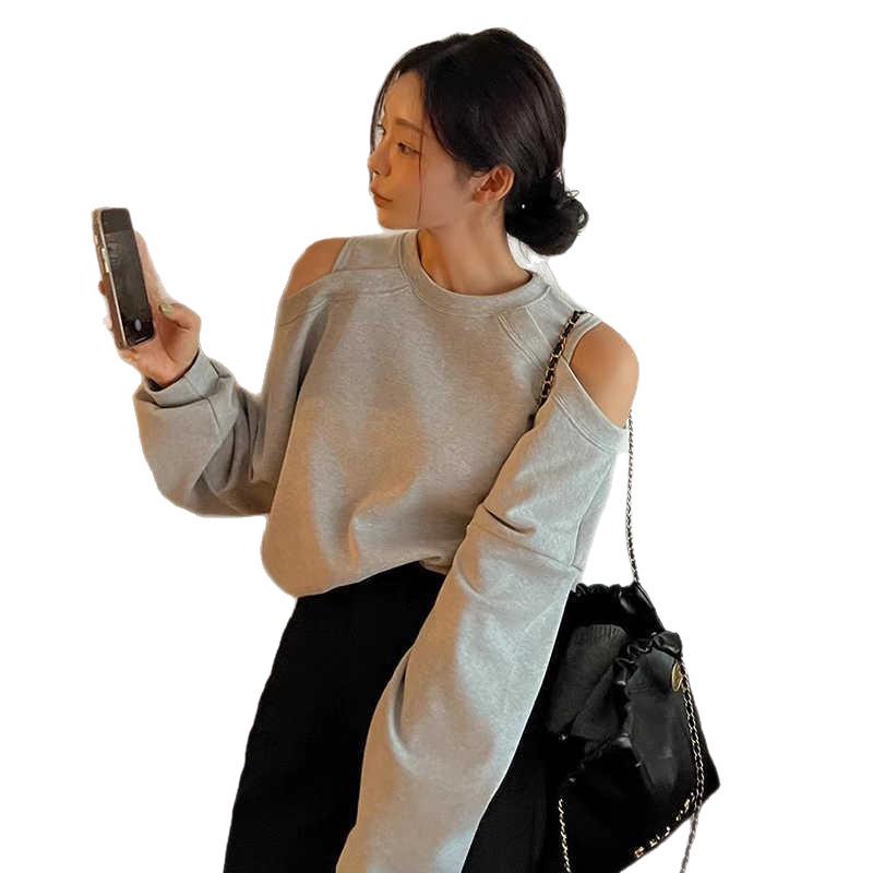 Korean Chic Off-Shoulder Loose Pullover Hoodie - Long Sleeve, Solid Color