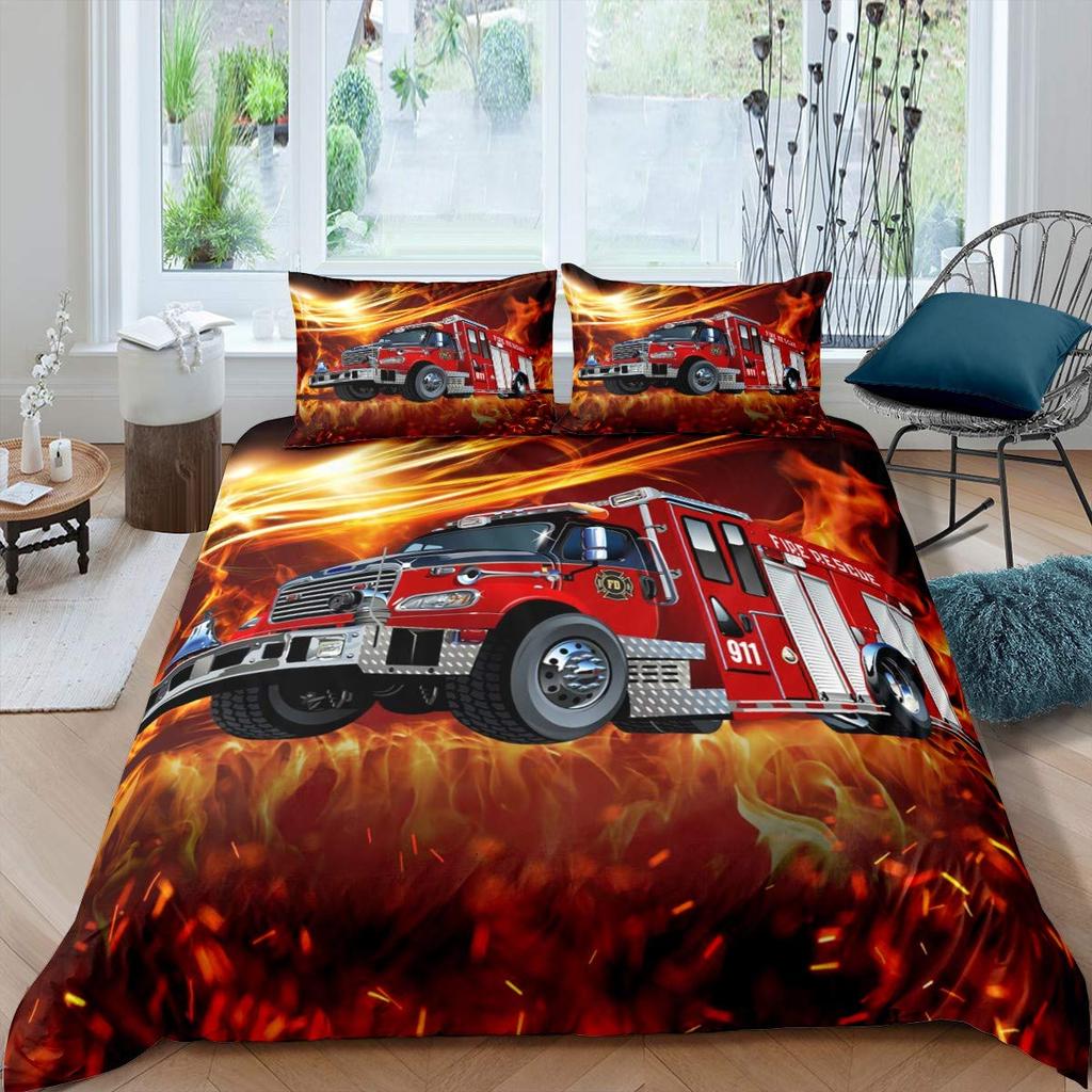 Firefighter Car Duvet Cover SetFire Truck Bedding Set King Honeycomb And Fire Comforter Cover Fire Engine Vehicle Quilt Cover