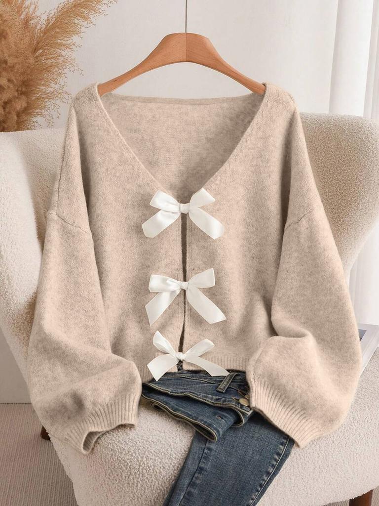 Design bow knitted cardigan autumn and winter new loose versatile lazy style knitted sweater