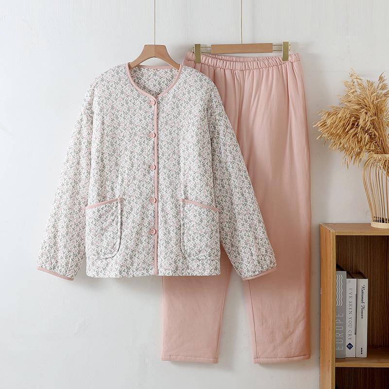 

Женская зимняя куртка с цветочным принтом и хлопковой подкладкой и комплект пижамы - Теплая и толстая для дома или улицы Large