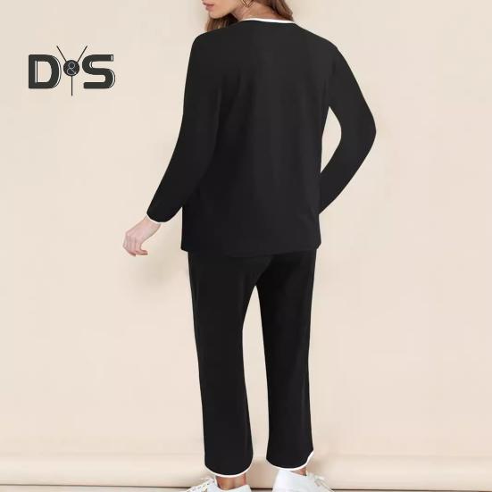 Set de 2 pantaloni de top pentru femei, cu decolteu în V, cu mâneci lungi, hanorac cu talie elastică, pantaloni de trening cu picioare late, ținută sport, trening casual de toamnă