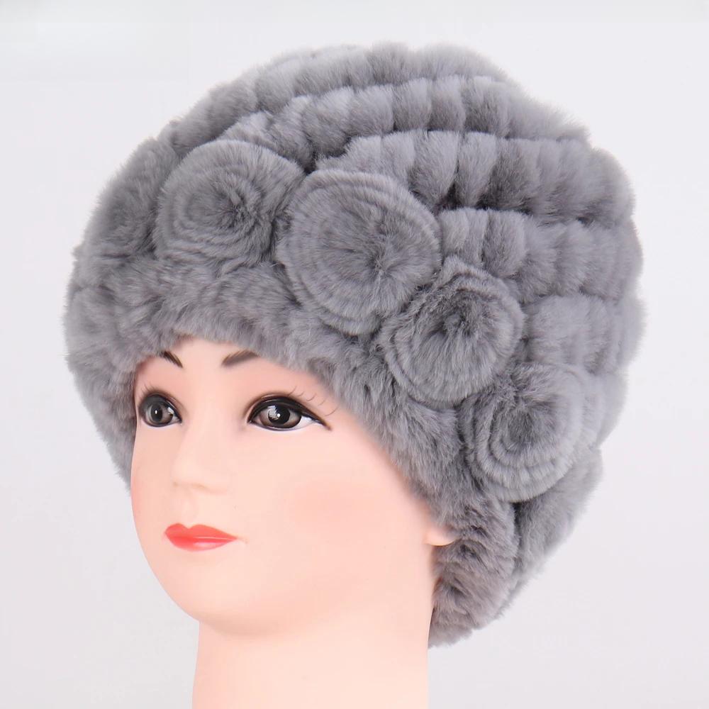 Hot Sale Winter Women Flower Striped Natural Real Fur Hats Lady Warm Knit Genuine Rex Rabbit Fur Caps Outdoor Fur Beanies Hats