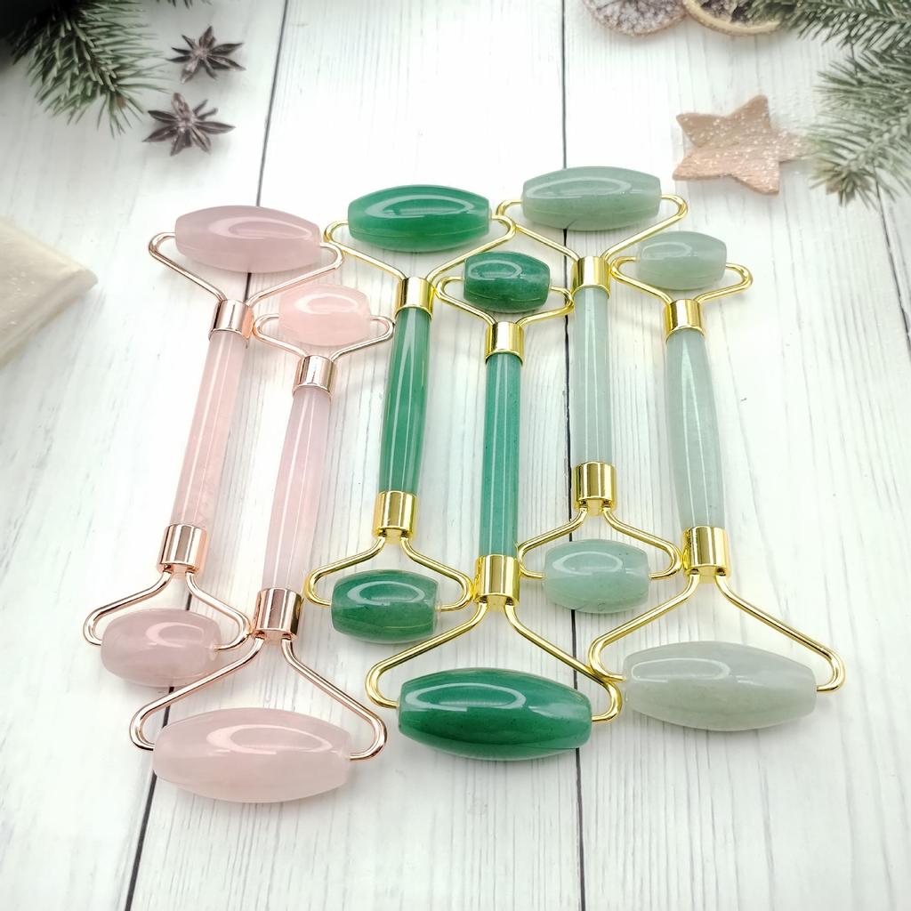 Natural Jade & Rose Quartz Double-Headed Massage Roller Set