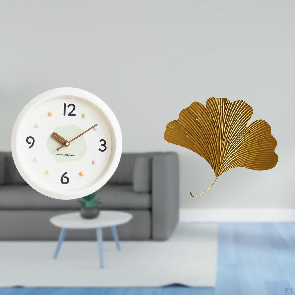 Modern Wrought Iron Wall Clock with Ginkgo Leaves Design Quiet No Ticking Large Numerals Decorative