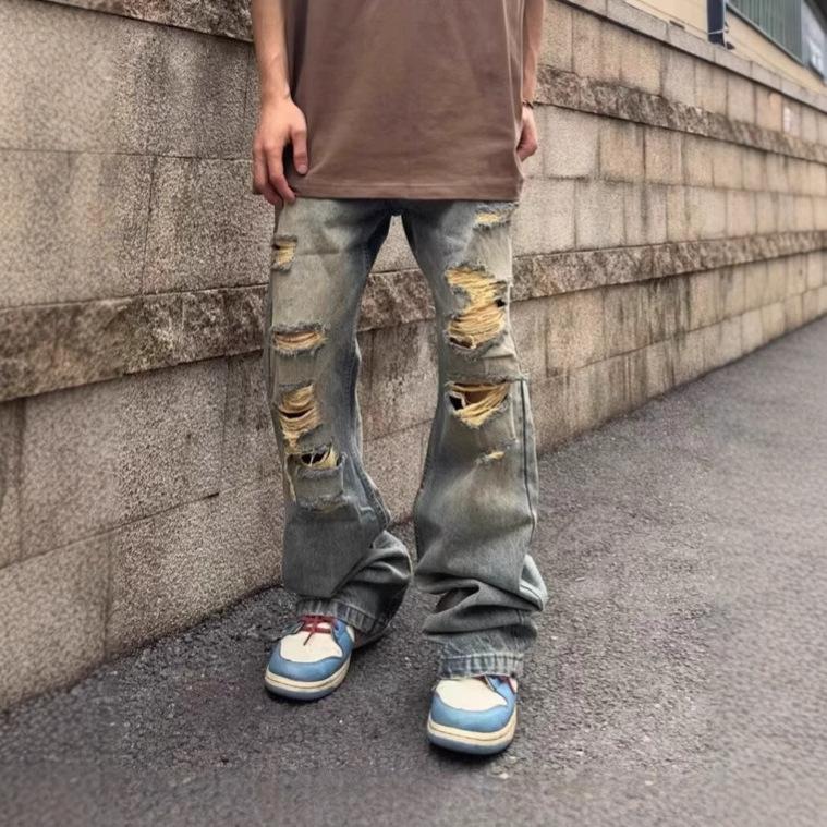 American high street Vibe retro old spring and summer ripped jeans men and women loose straight thin trousers men trend