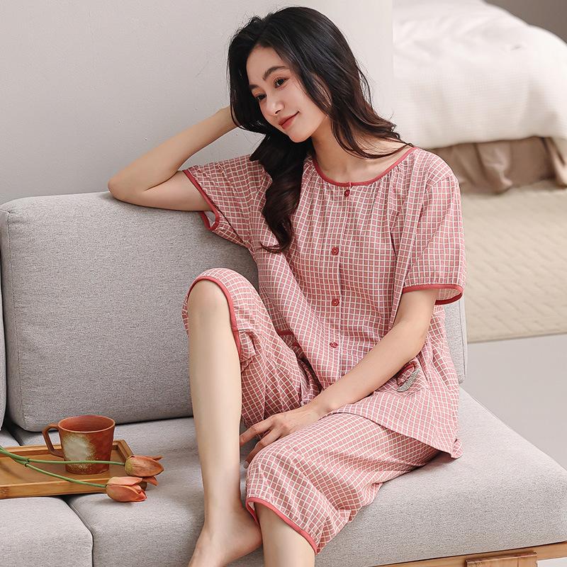 Pajamas Women's Summer Pure Cotton Short-sleeved Seven-quarter-sleeved Middle-aged Mother Floral Nine-point Pants Summer Cotton Loungewear Set