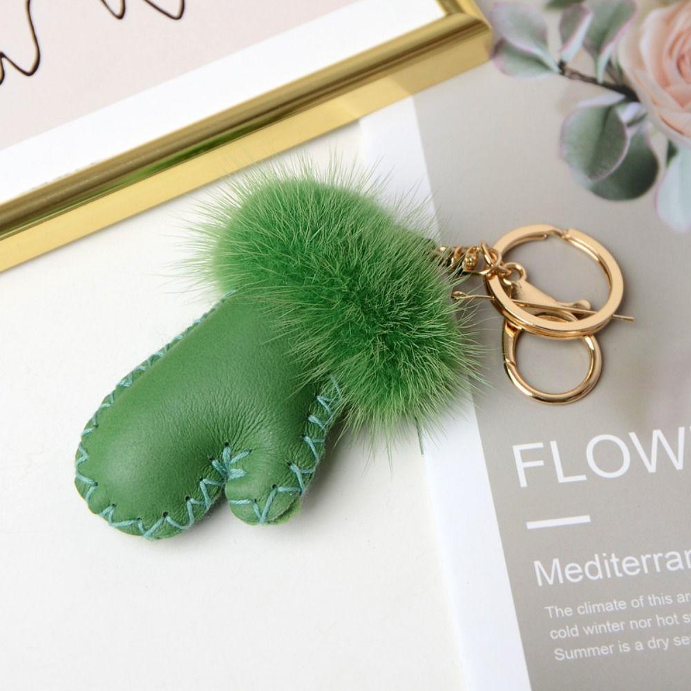 Fluffy Mink Hair Pendant Leather Car Keyring Fashion Little Glove Keychain  Bag Decoration