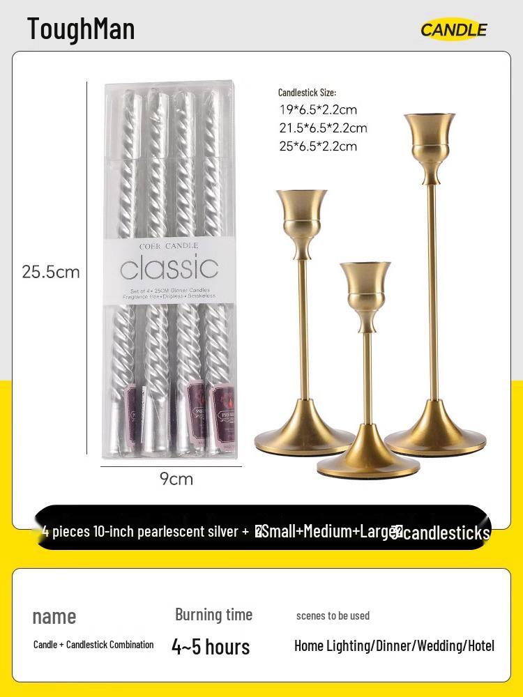 Gold Spiral Candlestick for Romantic Candlelight Dinner - Long, Smokeless, White Candle